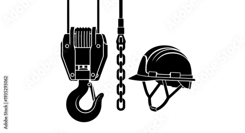 Industrial Lifting Equipment Vector: Heavy Duty Crane Hook with Steel Chain and Safety Helmet Silhouette.