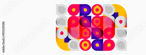 Colorful circles, squares overlap creating abstract pattern. Bright hues dominate composition, evoking playful energy. Modern design.