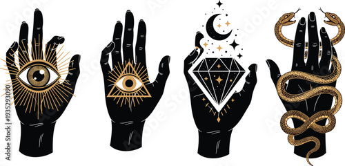 Mystical Hands with All Seeing Eye Diamond Moon and Snake Occult Symbols Vector Illustration