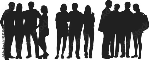 Group of friends silhouettes standing together, casual people team talking and socializing, young men women isolated black silhouette collection