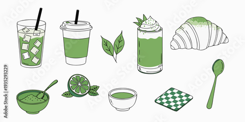 Hand drawn illustrations of matcha drinks, croissant, lime, tea leaves, and utensils on white background Keywords: matcha, drinks, croissant, lime, tea leaves, utensils, illustration