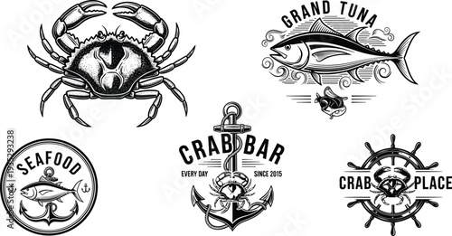 Seafood Vintage Logos Set with Crab Tuna Anchor and Nautical Elements Vector Illustration