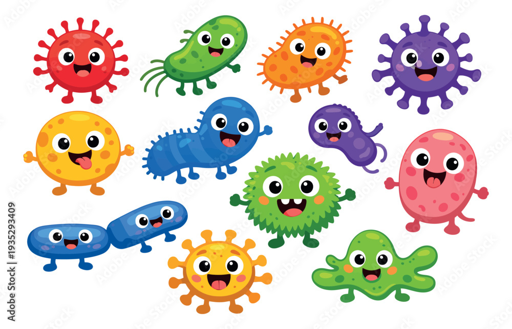 Obraz premium Cute cartoon microbe set featuring funny germ characters for science and health education