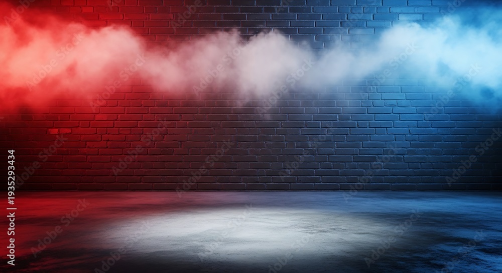 Naklejka premium Smoke effects on brick wall with red blue lights on concrete floor interior scene