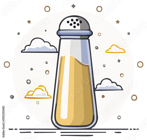 Cartoon salt shaker with stylized clouds and decorative elements, cooking concept.