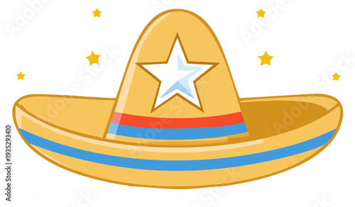 Festive Yellow Sombrero Hat Adorned with a White Star and Colorful Bands Surrounded by Stars
