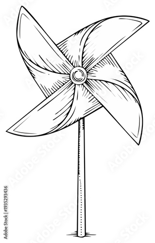 Black and white hand drawn pinwheel illustration on a stick simple design.