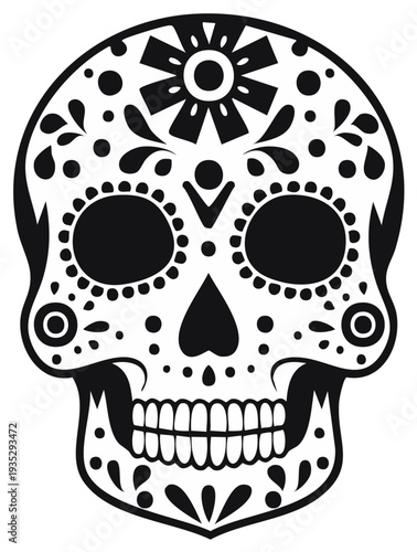 Intricate Black and White Sugar Skull Decoration with Floral Patterns