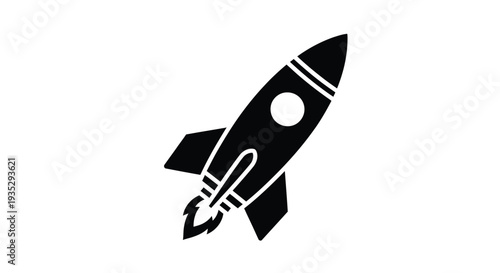 A simple black silhouette of a rocket ship with flames launching upwards