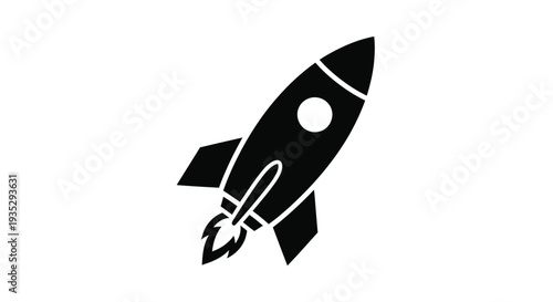 A simple black silhouette of a rocket launching upwards with flames