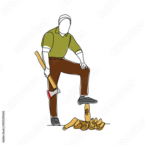 Continuous line sketch drawing of lumberjack holding axe to logging wood tree vector illustration single one stroke editable