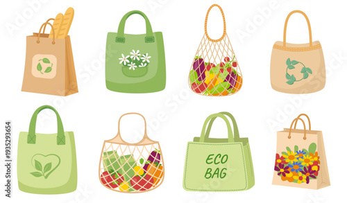 Eco shopping bags. Reusable bags. Fabric recycling symbol shopping bags, zero waste hand drawn ecology shoppers. Textile reusable fabric, eco canvas bag