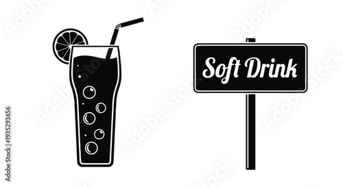 Black and white illustration of a soft drink with a lemon slice