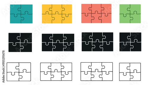 Graphic puzzle pieces set featuring multiple colors, solid shapes, and outline styles for problem-solving and connection concepts