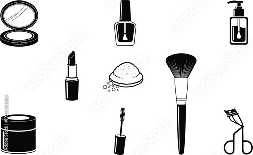 Black silhouette collection of makeup and beauty icons including lipstick, mascara, brush, nail polish, and skincare bottles for cosmetic vectors.