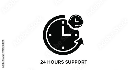 Black clock icon with headphones symbolizing 24 hour customer support