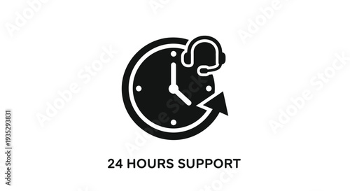 24 7 customer support icon featuring a clock and headset graphic