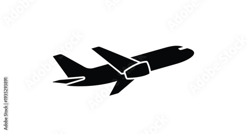 A simple black silhouette of a commercial passenger airplane in flight