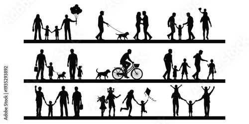 Black and white family silhouette illustration showing parents, children, outdoor activities, bonding moments, playful lifestyle scenes, flat vector illustration