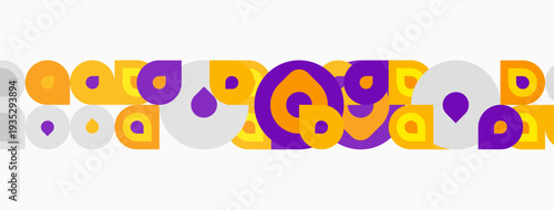 Abstract pattern features circles, curves, dots. Purple, orange hues dominate simple geometric design. Minimalist style, repeating elements.