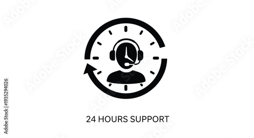 Customer support icon depicting 24 7 availability with a headset and clock
