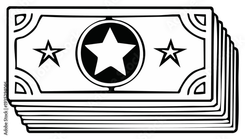 Stylized US Dollar Bills Stacked with Stars and Circle Emblem Graphic Design