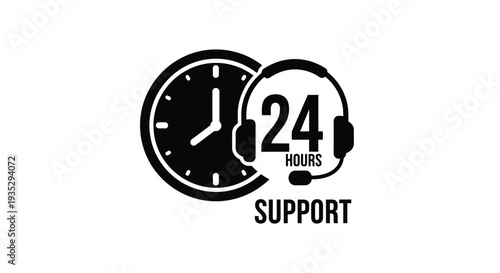 24 hour support icon featuring a clock and headphone graphic
