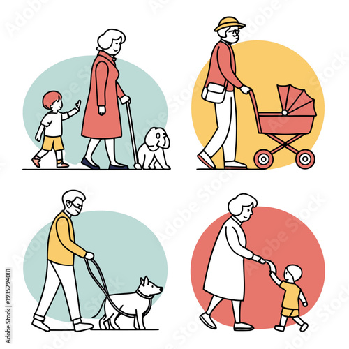Intergenerational People and Pets Daily Life Illustrations Set