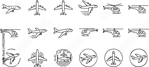 Collection of black line of airplanes and helicopters in various poses line black and white