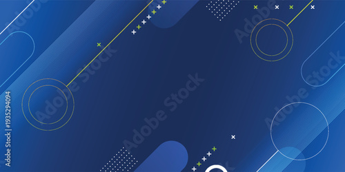 Abstract technology background with blue memphis geometric shapes and lime green accents.