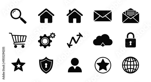 Collection of black glyph icons representing common digital functions