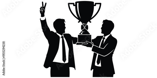 Business teamwork silhouette illustration with trophy, celebrating success, achievement, victory, peace sign gesture, corporate award recognition, flat vector illustration