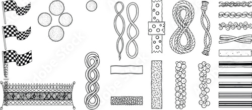 Decorative textile patterns, ropes, braids and racing flag elements collection, ornamental design textures, cad drawing flat vector illustration