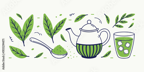 Hand Drawn Matcha Tea Set With Leaves And Spoonful Of Powder green tea teapot