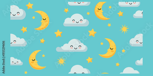 Whimsical cartoon night sky pattern with smiling crescent moons, fluffy clouds, cheerful stars, playful bedtime design for children, flat vector illustration