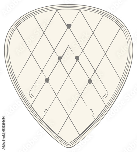 Stylized guitar pick illustration with a quilted diamond pattern and small heart details