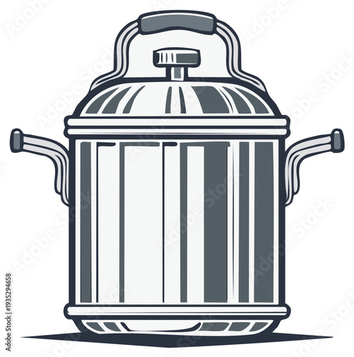Vector illustration of a large stainless steel cooking pot with lid and handles for professional kitchen equipment