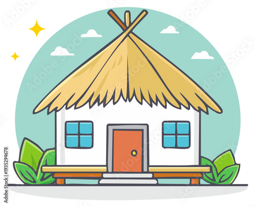 Cute Thatch Roof Bungalow Illustration with Plants in the Garden and Blue Sky with Clouds