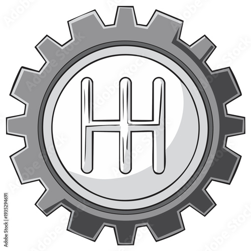 Gear Shift Icon Inside Gray Cogwheel, Symbol of Vehicle Transmission and Auto Mechanics