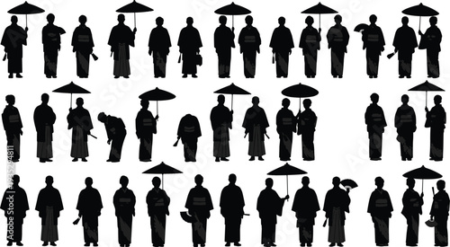 Black silhouette collection of people in traditional Japanese kimono and yukata with umbrellas and fans for cultural vector design elements.