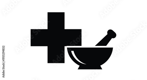 Black silhouette of a medical cross and mortar with pestle