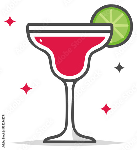 Sparkling red margarita or cosmopolitan cocktail with lime garnish vector illustration icon