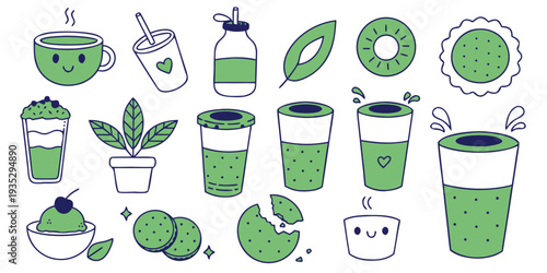 Kawaii Matcha Drinks and Treats with Cute Faces and Leaves illustration