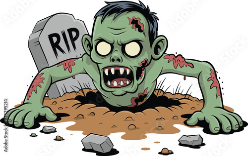 Cartoon zombie rising from grave with glowing eyes, tattered clothing, and gravestone marked RIP, perfect for Halloween, horror themes, spooky artwork, and supernatural illustration projects