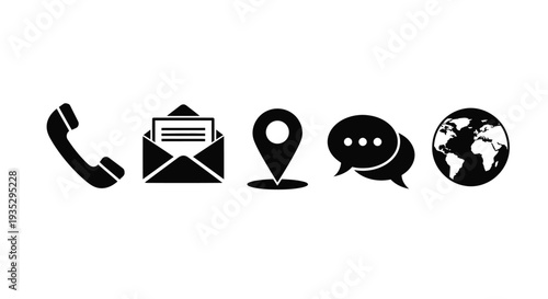 Black communication icons representing contact methods and global connectivity