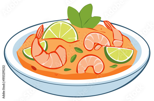 Delicious shrimp soup in a bowl illustration topped with lime and basil leaves