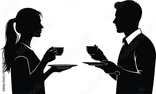 Man and Woman Profile Silhouette Holding Coffee Cups and Saucers While Having a Conversation for Social Meeting Dating and Business Networking Concepts