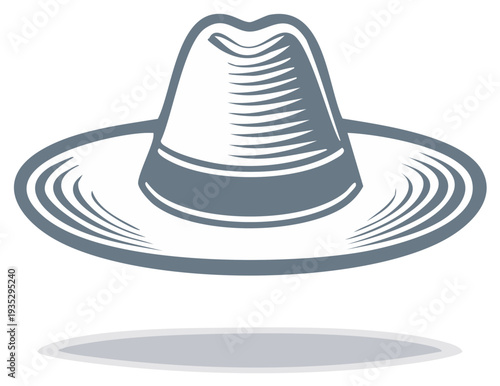 Stylized gray fedora hat with band illustration isolated on white background casting a shadow