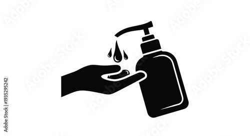 Black and white illustration of hand dispensing liquid soap from a pump bottle