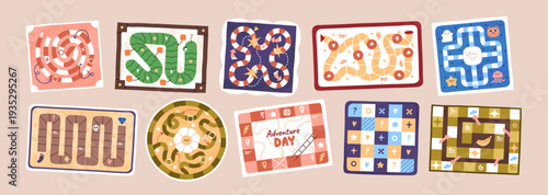 Top view of board games, maze race set. Step by step puzzles with path way, labyrinth and arrows. Boardgame, quest and strategy play with track. Flat vector illustration isolated on white background